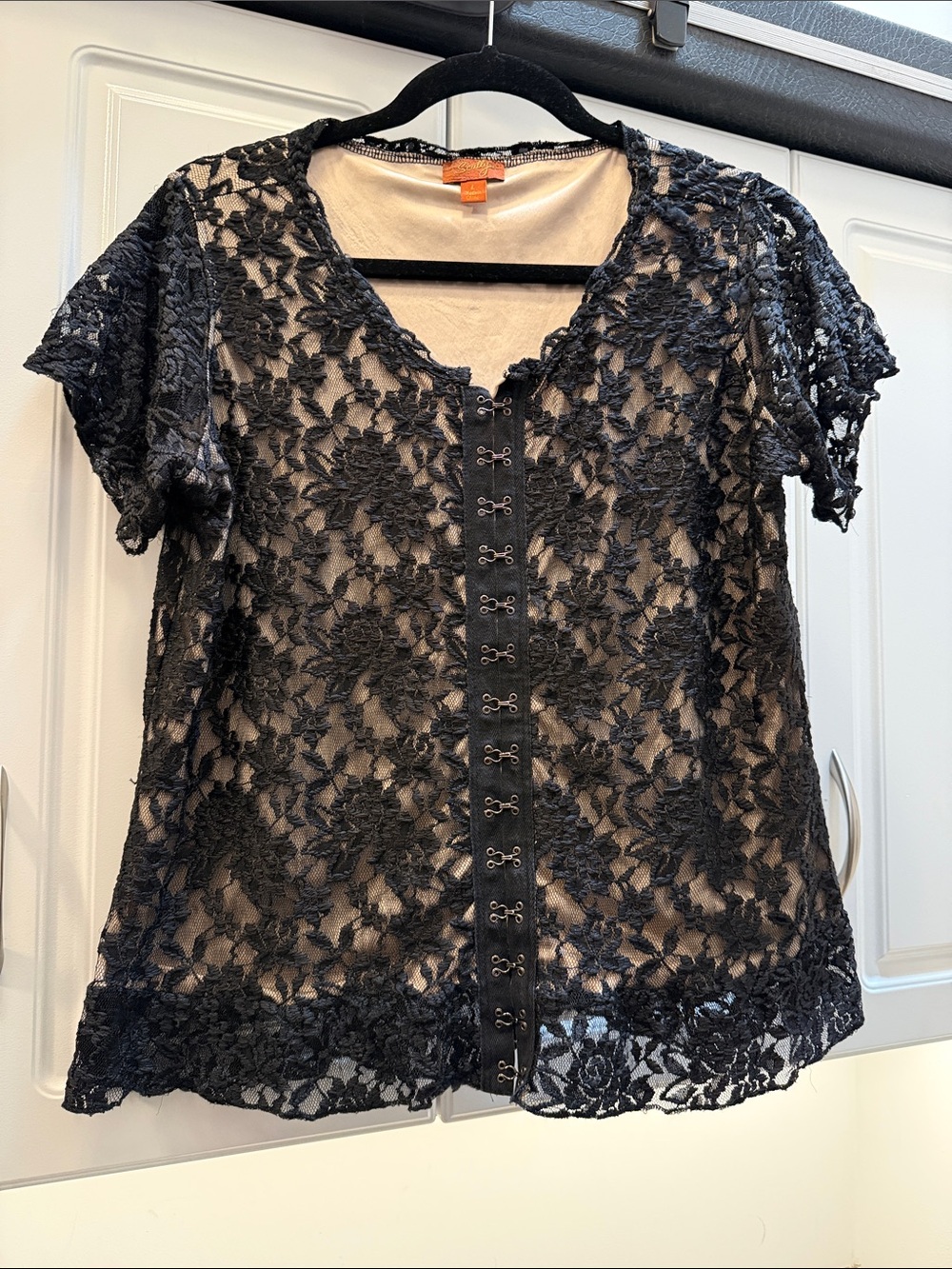 Scully Black Floral Lace Hook-Front Short Sleeve Top
